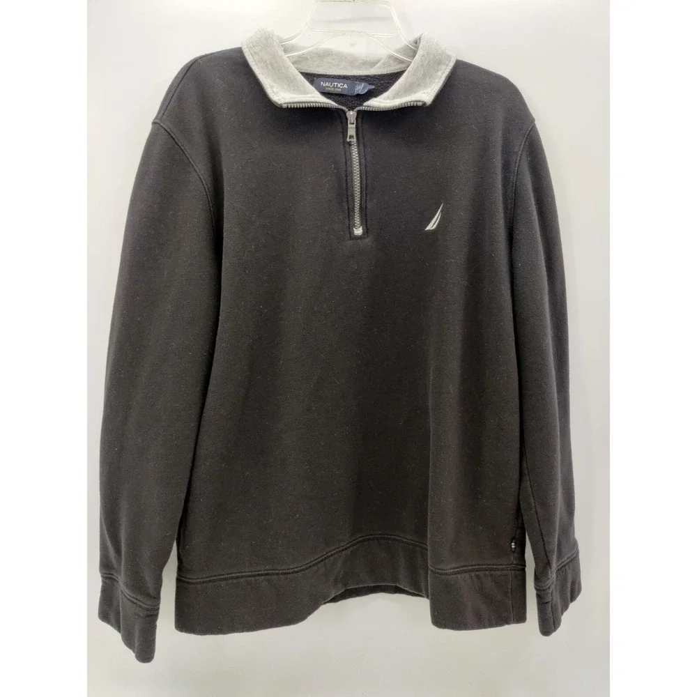 Nautica Mens XL Quarter Zip Pullover Sweatshirt Black Grey Fleece Mock Neck Logo